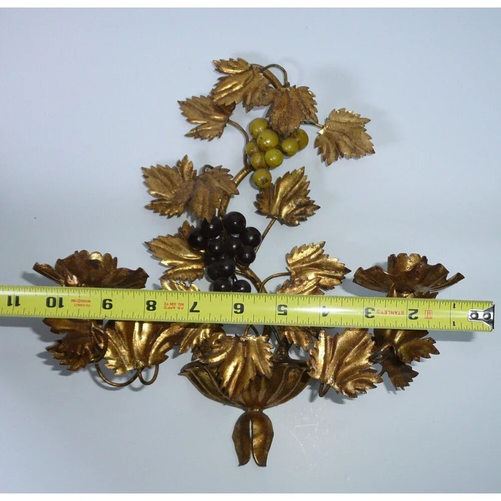 Vtg 2 Candle Sconce Italian Style Gold Grape Vine Gilt Metal Toleware Wall MCM